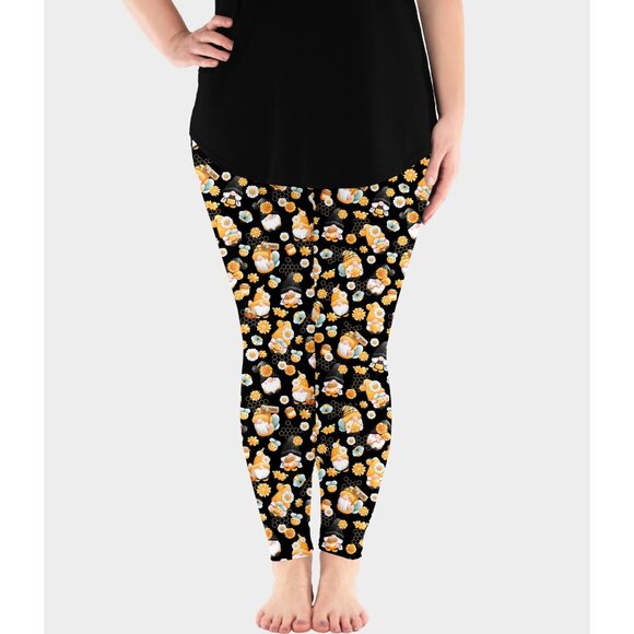 Honey Bee Gnomes Print Soft Black & Yellow Leggings W/ Pockets - Capri or Full - Picture 3 of 5